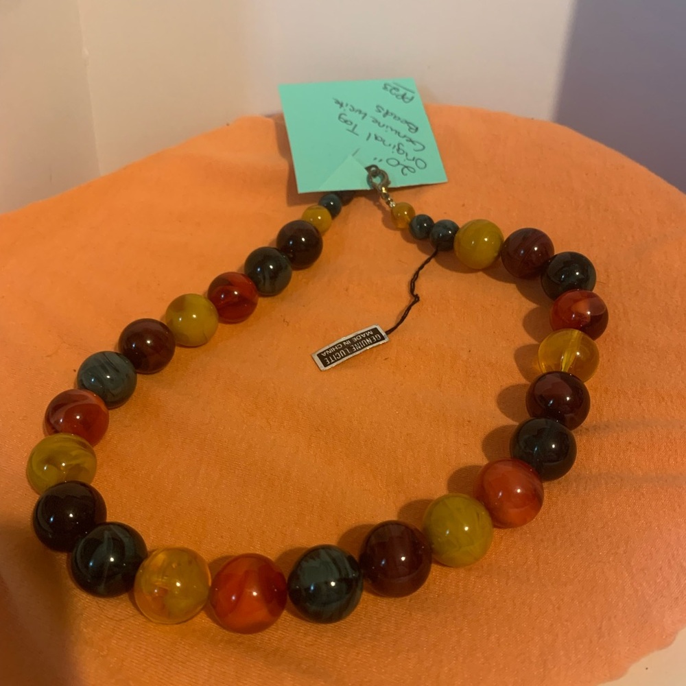 Genuine Lucite Beaded Necklace 20” Original Tag Beautiful Colors